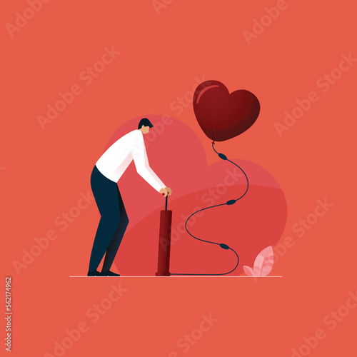 Boyfriend blowing heart shape balloon for his girlfriend, Love confession and valentine Day Celebration