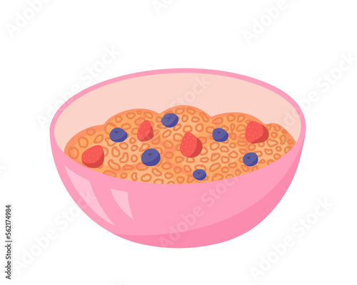 Granola bowl, muesli breakfast, oat grain porridge. Healthy diet ingredient. For cooking site, menus, books. Vector illustration can be used for card, poster and sticker. Isolated on white background.