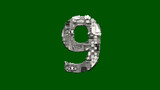 number 9 - cyber metal scrap font on green screen, isolated - object 3D illustration