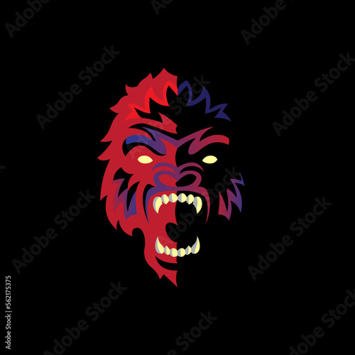 angry gorilla expression blue red color, logo vector icon