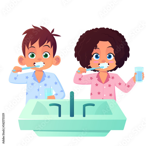 Kids In Pajamas Brushing Their Tooth Cartoon Illustration