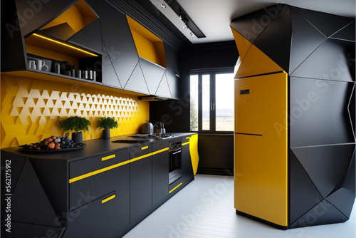 Minimalistic futuristic interior of a kitchen, black and yellow colors. Generative AI