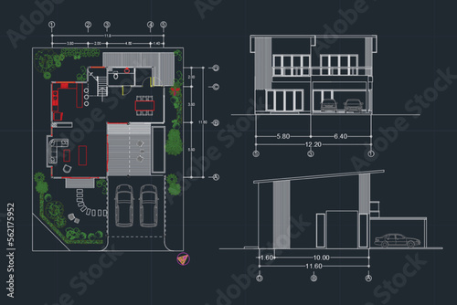 Detailed townhouse section, floor plans, apartments layout. Vector blueprint for architectural vector