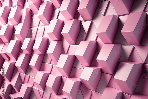 Tiles in the form of a wall, pink and semiglossy, are mosaicked together to create a futuristic design. The diamond shape is formed by a stack of blocks. Generative AI photo