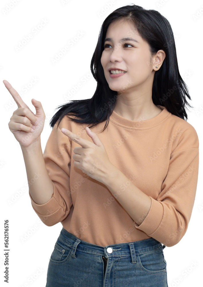 Woman Pointing Her Finger to Blank Copy Space with Smile Woman Pointing Her Finger to Blank Copy Space with Smile