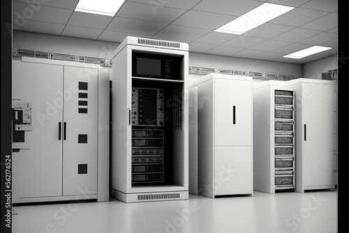 High-tech data center with rows of servers and advanced cooling systems, generative ai