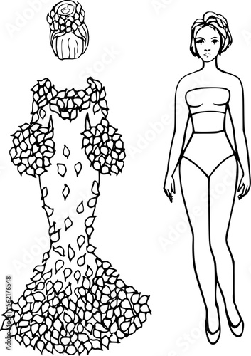 Sketch of tight dress with leaves. Clothes for a paper doll. Fashion clothes, wig, hat, accessories