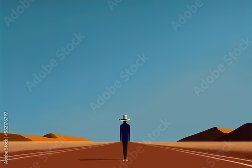 a lonely gentleman inspired by a cowboy is walking in the desert, generative ai technology