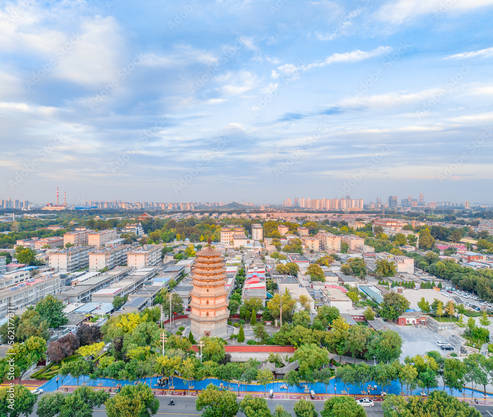 Aerial photo of Zhengding Tianning Temple and Tianning Temple Lingxiao Pagoda in Zhengding County, Shijiazhuang City, Hebei Province, China
