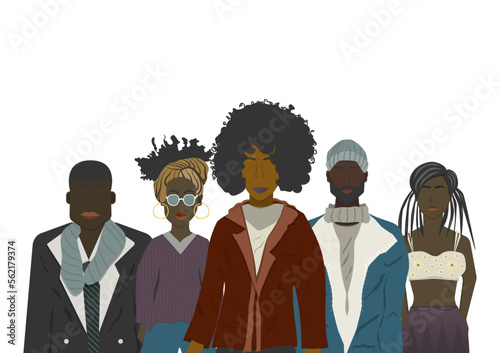 Young African women and man wearing casual clothes, and different hairstyles isolated white background black people community face, set of  male and female characters flat design vector illustration