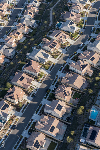 Aerial view of suburban street in the Santa Clarita community of Los Angeles County, California.