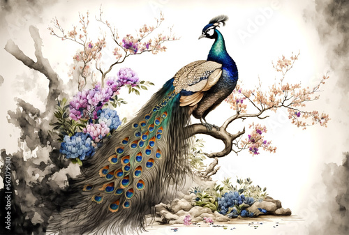 Canvas Print Tropical bird, colorful peacock, printable digital watercolor painting, generati