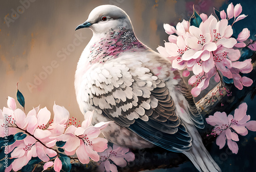 Watercolor painting of dove on blooming twig, close-up, printable digital illustration, generative ai photo