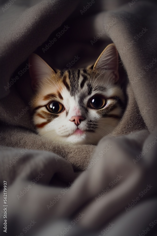 AI-Generated Image of a Cat Sitting Under a Warm Cozy Blanket