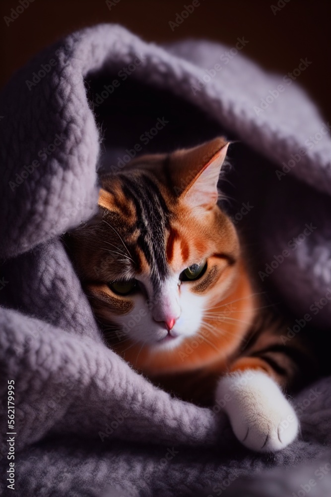 AI-Generated Image of a Cat Sitting Under a Warm Cozy Blanket