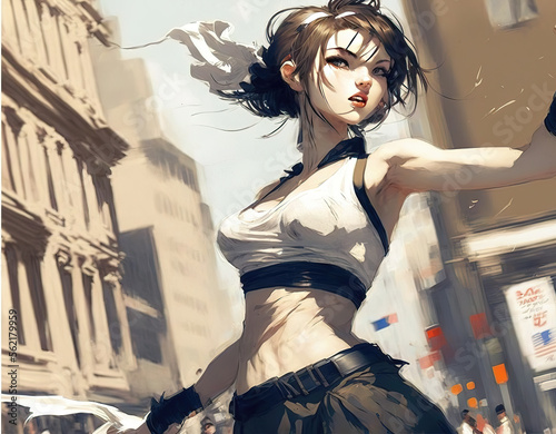 a beautiful young brave anime girl dancing in abig city lonely, concept art, generative ai technology photo