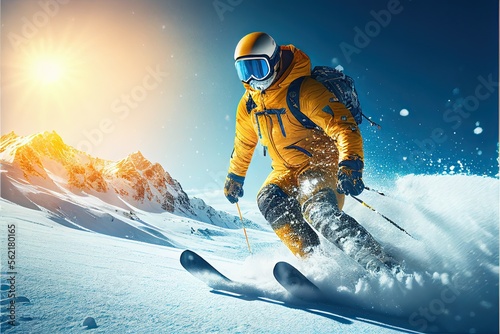 A skier is skiing in the bright sun and blue sky, Ai Generative