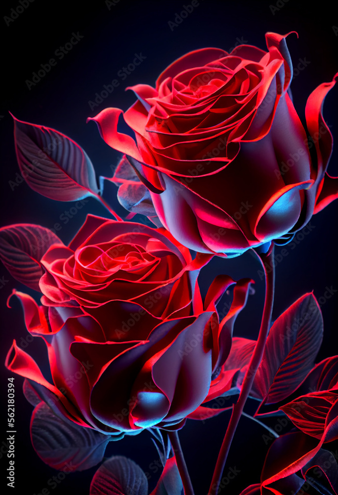 Beautiful fresh roses. Red neon rose close up. Bright macro
