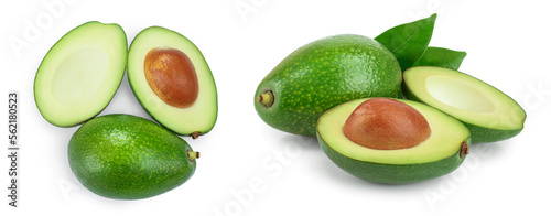 avocado and half isolated on white background. Top view. Flat lay