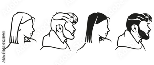 Barbershop logo - Vector logo icon of man and woman, man head woman head, hair, hairstyle - side 