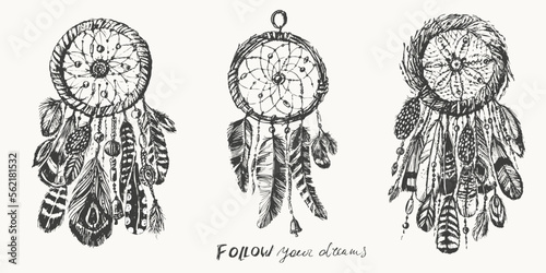 Hand drawn sketch of dreamcatcher with feathers and beads