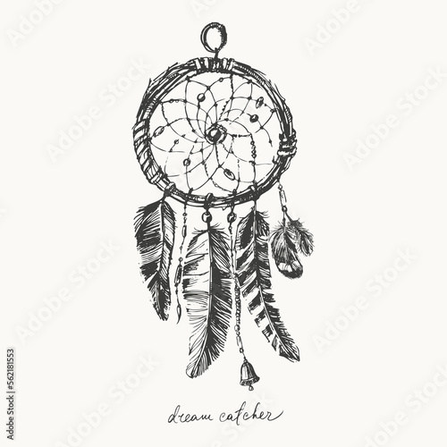 Hand drawn sketch of dreamcatcher with feathers and beads