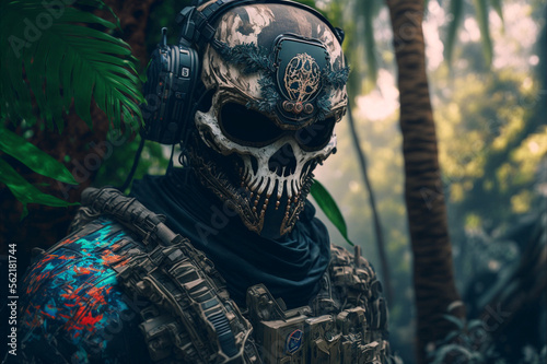 Close Up of Gaming Shooter Operator. Skull mask. Created by Generative AI