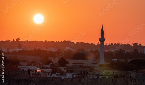 Mosque in Historic Old Town in City on the Mediterranean Sea  Rhodes  Greece. Sunset