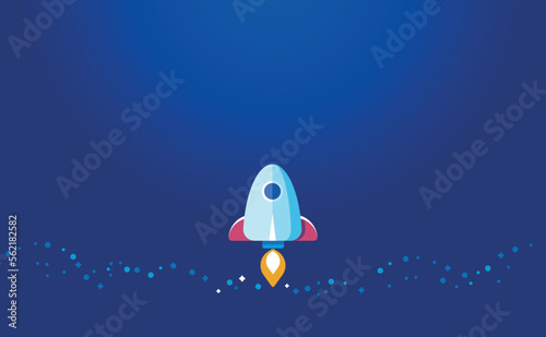 Vector background with rocket launch. Simple presentation cover template with place for text, stars, blue space. Success startup concept. Futurism, science fiction illustration in flat cartoon style