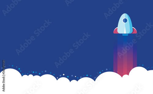 Vector background with rocket launch. Simple presentation cover template with place for text, stars, blue space. Success startup concept. Futurism, science fiction illustration in flat cartoon style