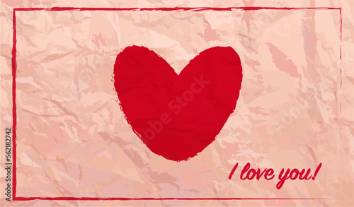 Saint Valentine's Day card with red heart and I love you phrase, romantic greeting card on vector paper texture, holiday invitation, ink red heart, passionate postcard.