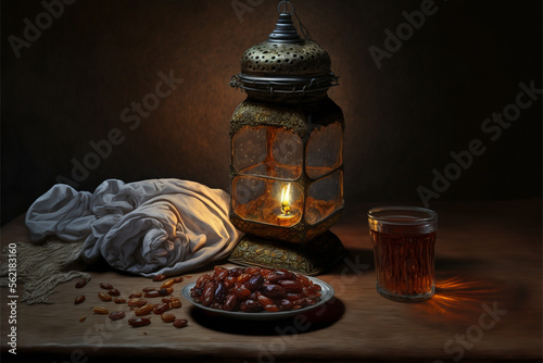 Ornamental Arabic lantern and small plate of dates fruit with burning candle glowing at night. Festive greeting card, invitation for Muslim holy month Ramadan Kareem.