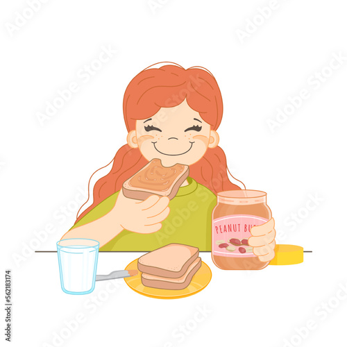 Girl eats peanut butter sandwich with great pleasure