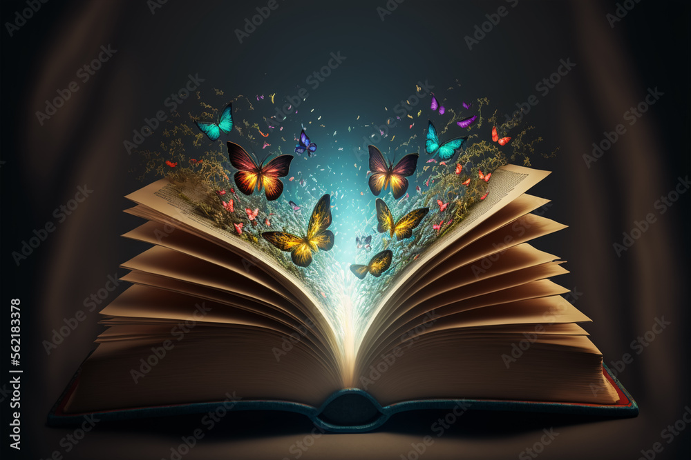 custom made wallpaper toronto digitalAn open magic book with a bright glow around. Small butterflies of the book are scattered in the air. 3d illustration
