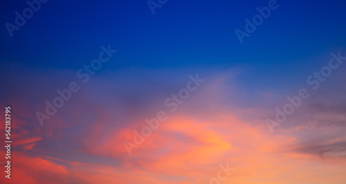 Clouds and orange sky,Real amazing panoramic sunrise or sunset sky with gentle colorful clouds. Long panorama, crop it