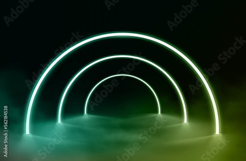 Fototapeta Naklejka Na Ścianę i Meble -  3d vector, abstract background, round portal, glowing lines, tunnel, neon lights, virtual reality, arch, pink blue spectrum of bright colors, laser show, empty space, frame isolated on black