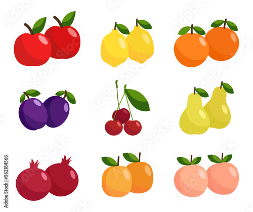 Fruits in flat style. Set of simple fruit icon illustrations. Learning fruits for children.