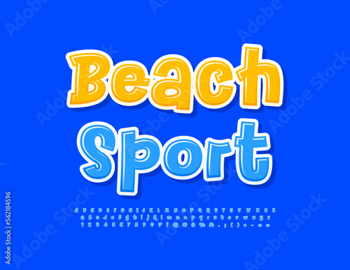 Vector bright Sign Beach Sport. Blue handwritten Font. Playful style Alphabet Letters and Numbers set