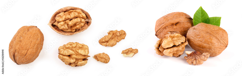 Walnuts with leaf isolated on white background. Top view. Flat lay Walnuts with leaf isolated on white background. Top view. Flat lay