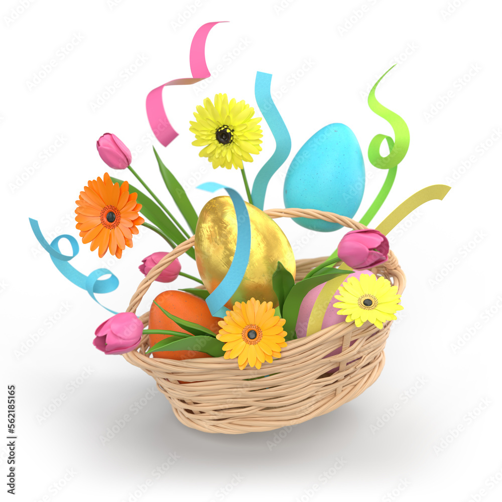 Easter eggs in basket with flowers