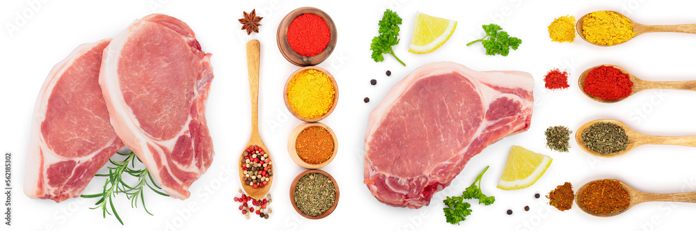 sliced raw pork meat with spices isolated on white background. Top view. Flat lay sliced raw pork meat with spices isolated on white background. Top view. Flat lay