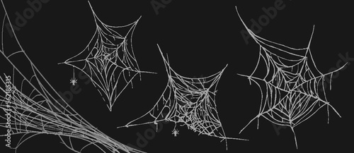 Cobweb collection isolated on black. Spider web for Halloween design. Spider web elements, spooky, scary, horror halloween decor. Hand drawn silhouette, vector illustration