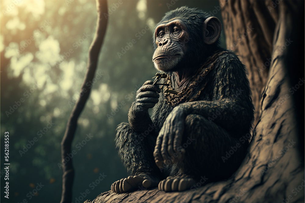 Thoughtful black monkey sitting in the tree.Created with generative ai