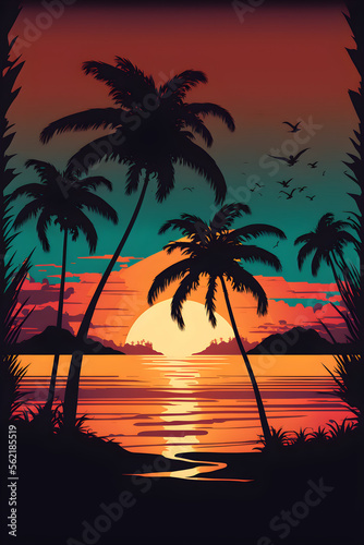 Beach landscape with sunrise, retro illustration © PixelPusher