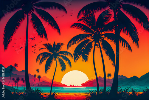 Beach landscape with sunrise  retro illustration