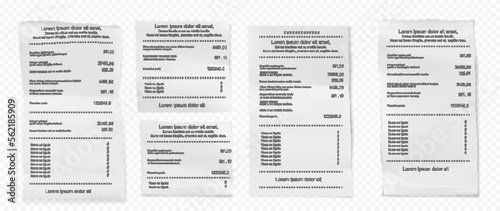 Vector illustration of receipts of realistic payment paper bills for cash or credit card transaction with the purchase of goods amount from a store or store sale. Isolated 3D on transparent background