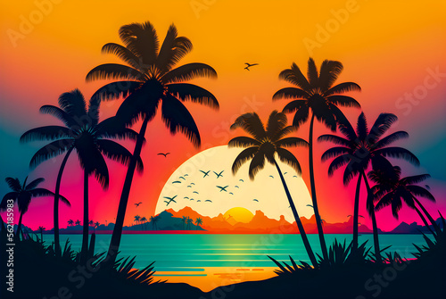 Beach landscape with sunrise, retro illustration