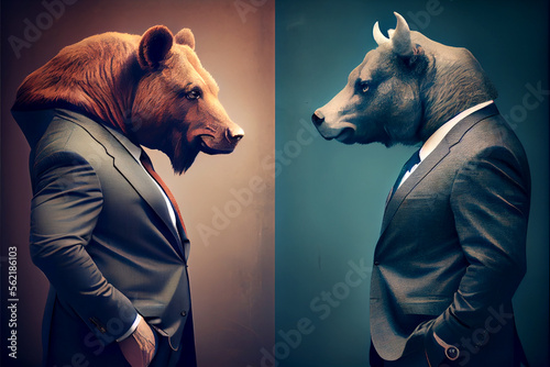 Concept of Bullish and Bearish in stock Market or forex trading. Suitable for illustrating of stock marketing or financial investment. Bull vs Bear - symbols of stock market trend. AI.