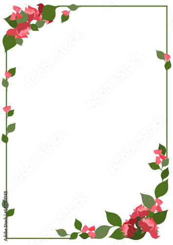 Floral frame in vertical format, with branches and plants of green color and red flowers
