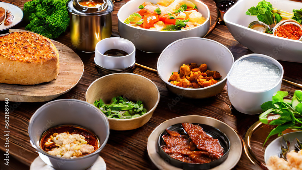 table full of food, dinner, gourmet, traditional, restaurant, Generative AI table full of food, dinner, gourmet, traditional, restaurant, Generative AI